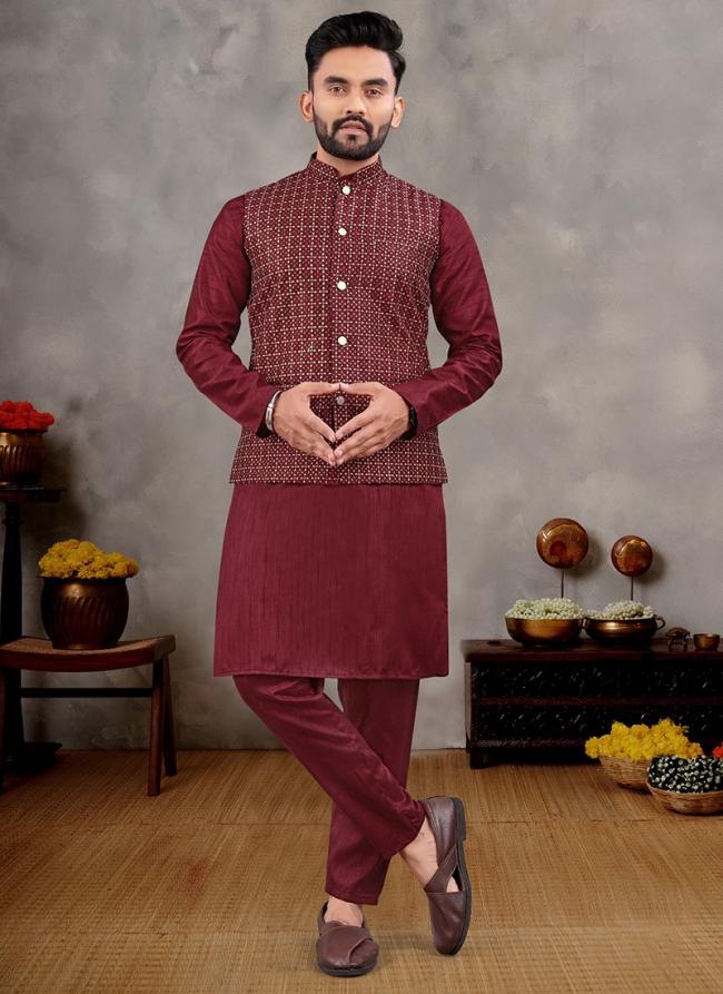 Banglori Silk Maroon Ceremonial Wear Sequins Work Readymade Modi Jacket Kurta Pajama